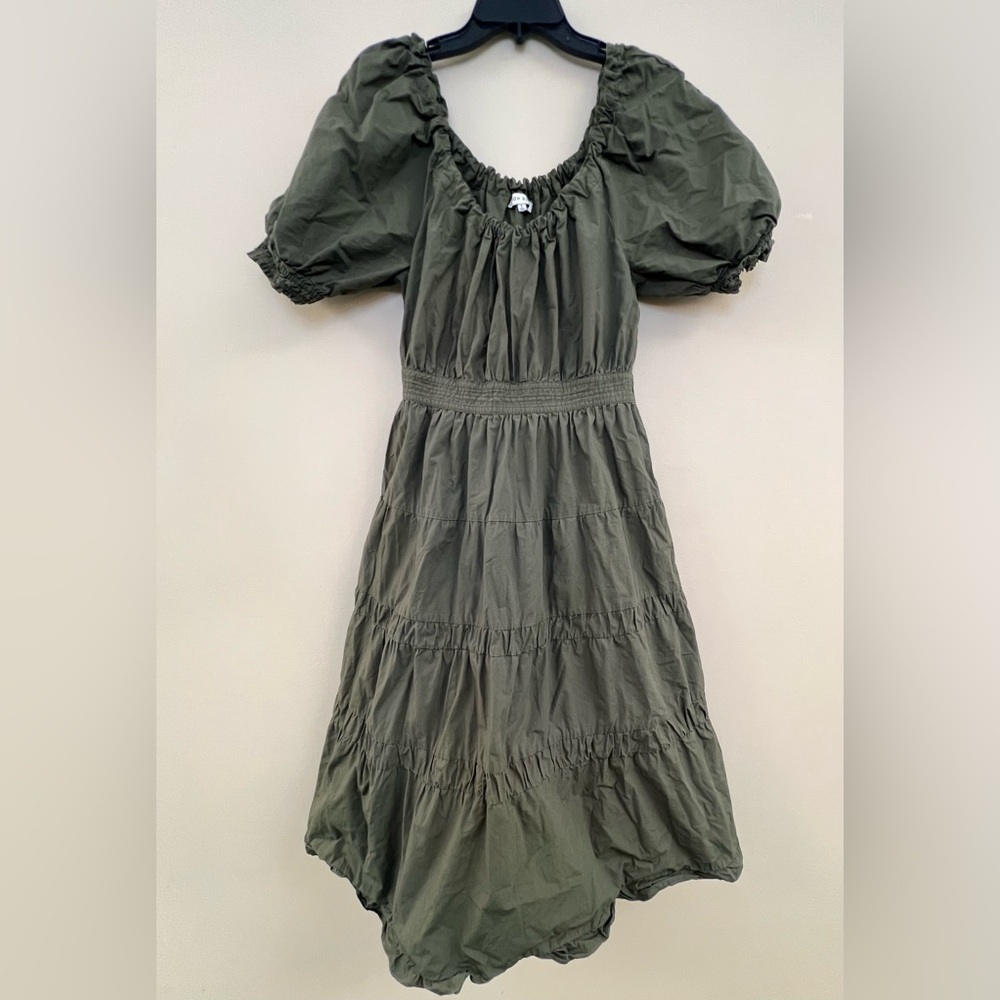 Moon River Puff Sleeve Tiered Ruffle Maxi Dress Women's Medium Olive Green